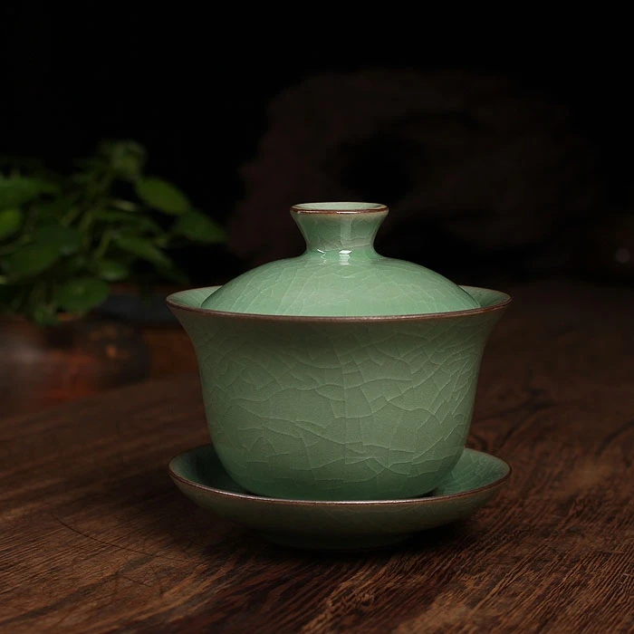 Genuine Longquan Celadon Ge Kiln Opening Piece Iron Wire Ice Crack Complete Set of Kung Fu Tea Infuser Tureen and Cup
