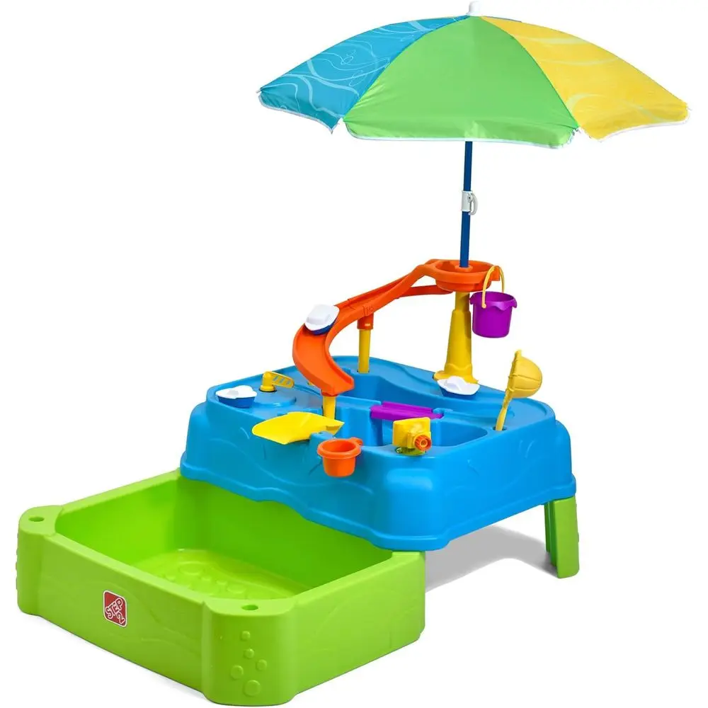 Step2 Waterpark Wonders Two Tier Water Table, Kids Water Activity Sensory Playset with Umbrella, Garden Hose Sprinkler Attachmen