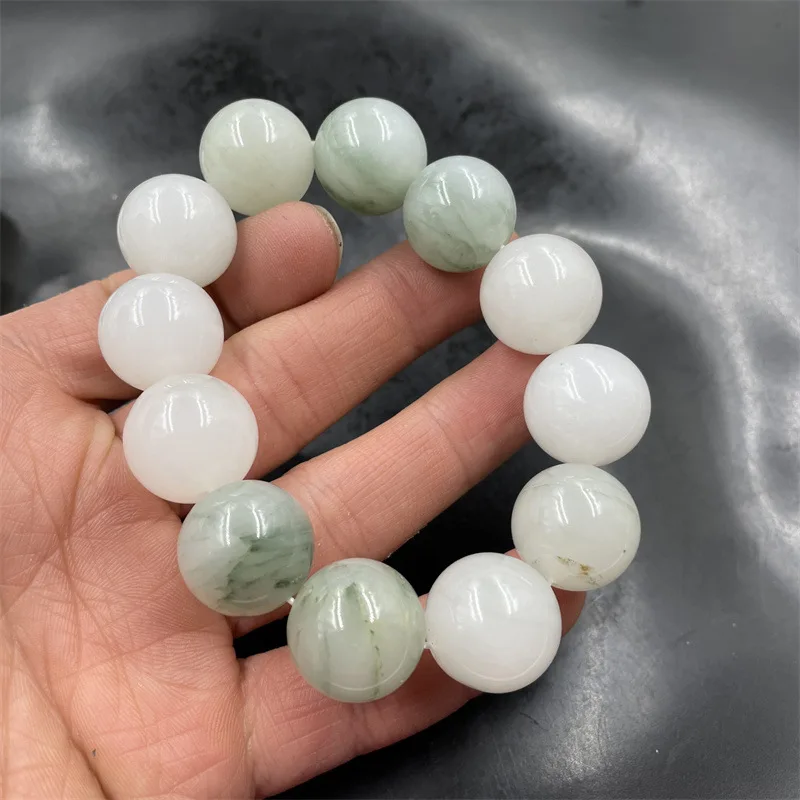 White background with blue and mountain green beads , unisex large bead jade bracelet