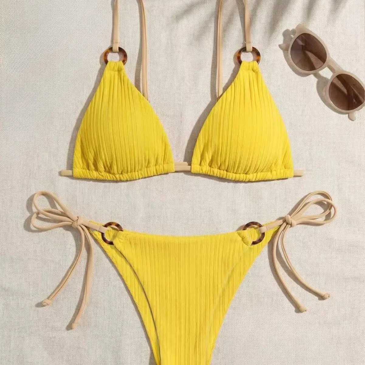 Women's Padded Three-point Bikini Set Solid Color Spaghetti Strap Hoop Sexy Swimsuit Two-piece Swimwear Wireless Bathing Suit