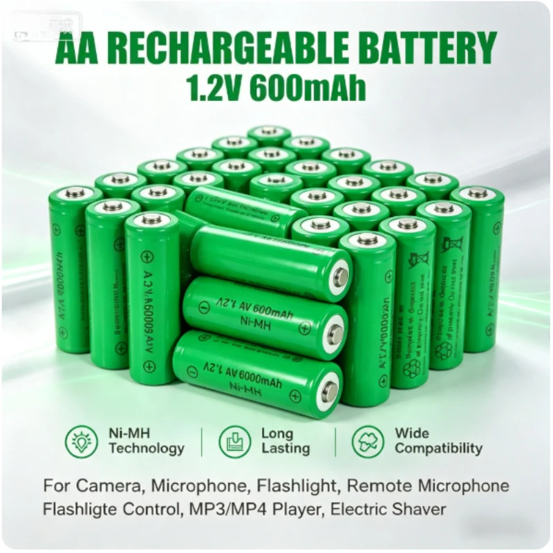 1.2V 600mAh AA Rechargeable Ni-MH Batteries for Digital Camera, Flashlight, Shaver, Remote, Microphone