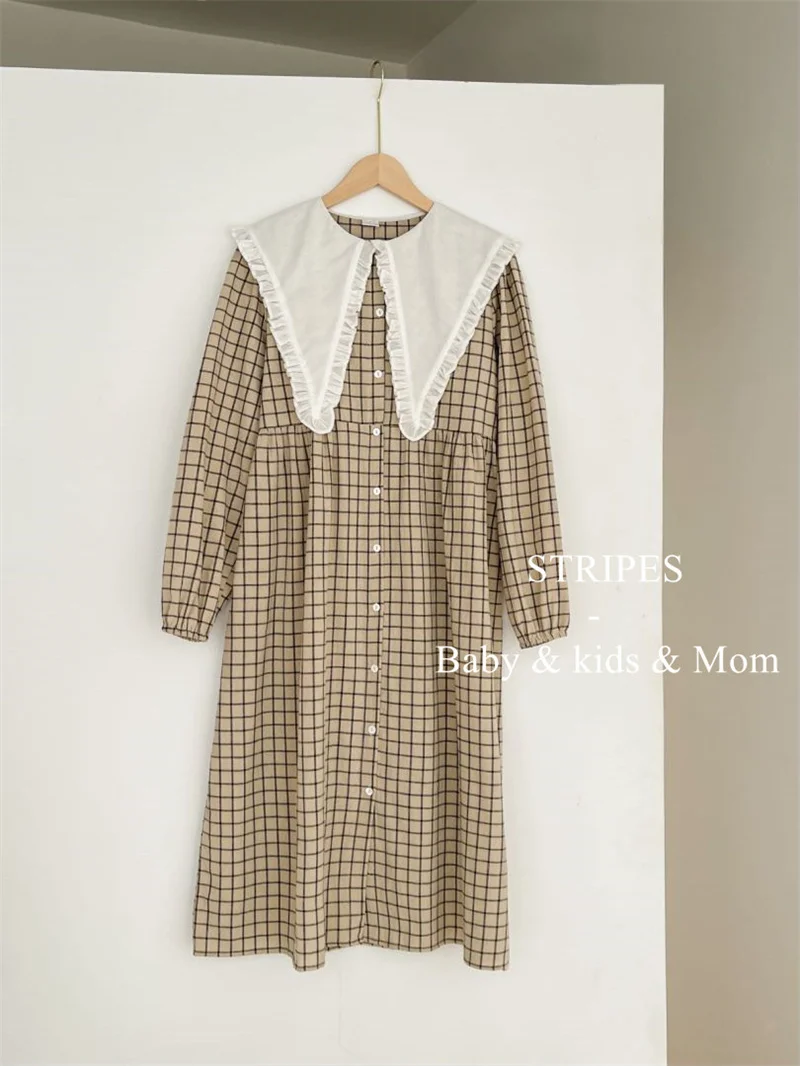 Family Matching Clothes Spring Summer Shirt Plaid Mother Daughter Long-sleeved Soft Cotton Dress Women Dress Girl Birthday Dress