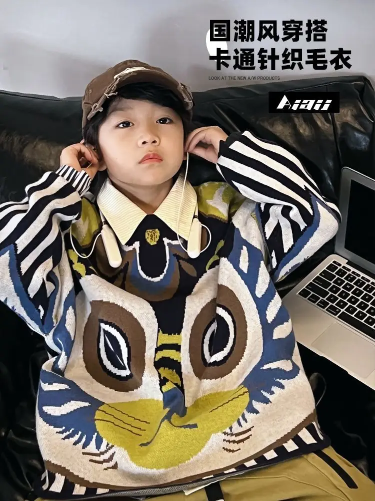 Children's Sweater National Fashion Boys Plush Thickened Knitted Sweater New Medium and Large Children's Loose Pullover Top
