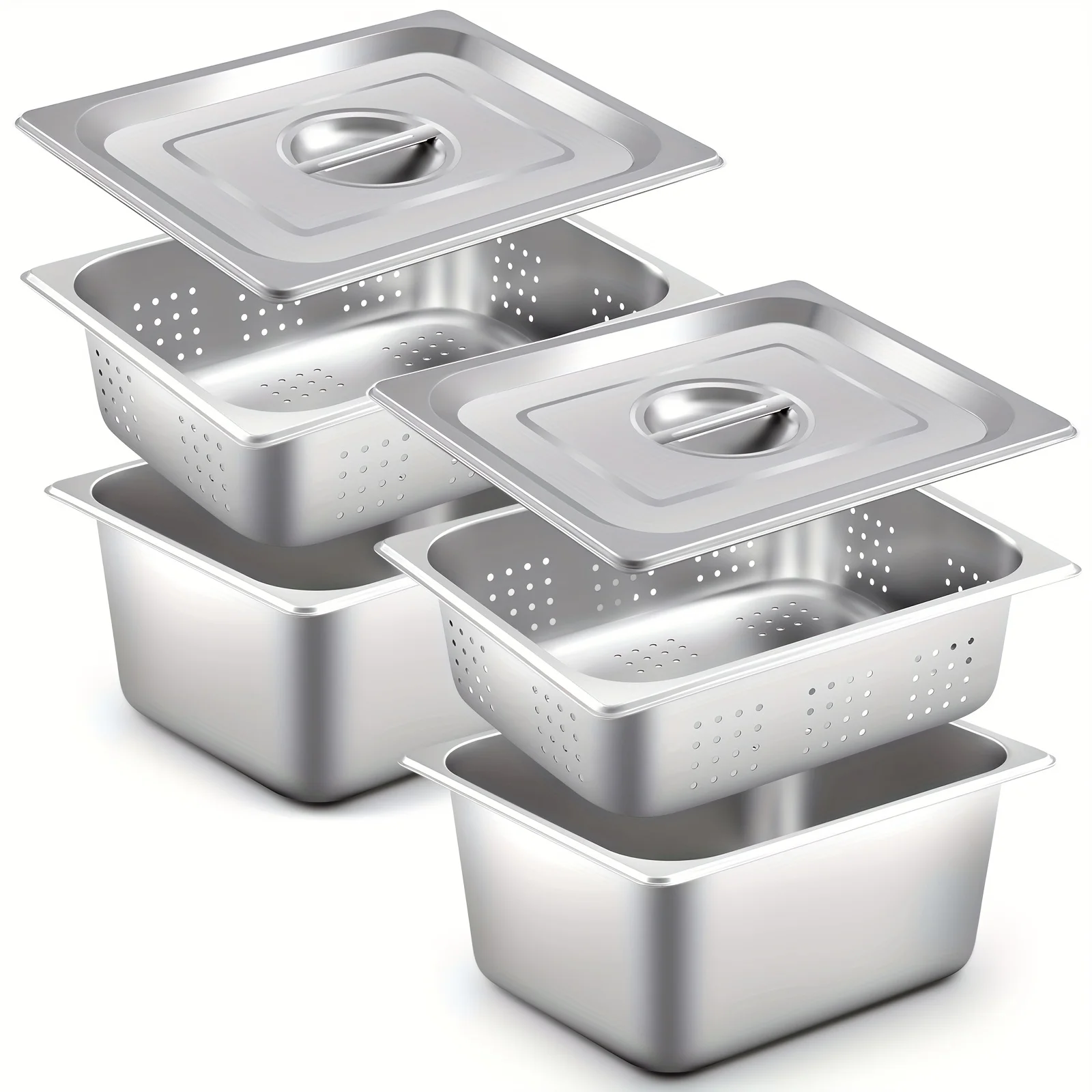 

6pcs Full Size Hotel Pan With Lid Set Include 2 Stainless Steel Pan, 2 Perforated Steamer And 2 Steam Table Pot Cover