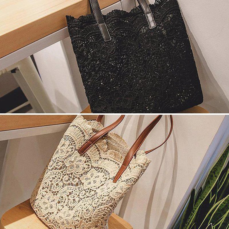 1X Boho Woven Summer Bag Handbags Tote Lace Shoulder Bag Hand Crochet Flower Bag Holidays Ladies Shopping Large Capacity