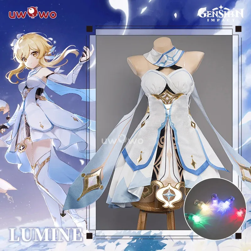 

Qq28LQLAST BATCH UWOWO Traveler Косплей Костюм Игра Genshin Impact Женское платье Lumine Полный комплект одежды с блестящим Lig