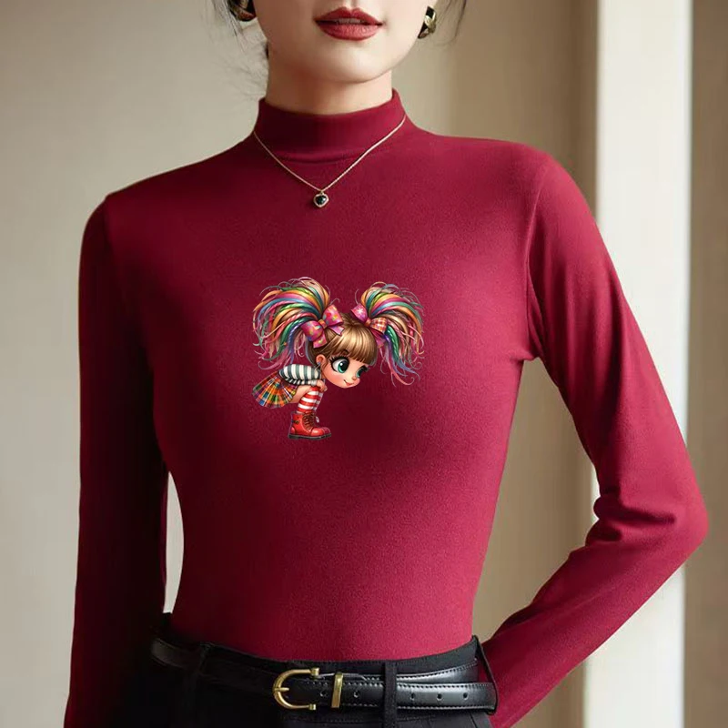 2026 New Autumn Winter Thermal Brushed Fleece Long Sleeve Graphic Print T shirt Blouses Female Warm Shirt Women Top