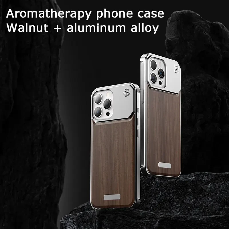 Metal Solid Wood Phone Case For Iphone 16 15 Pro Max Aromatherapy Aluminum Alloy Walnut Ebony Phone Cover For IPHON 14 15 Promax