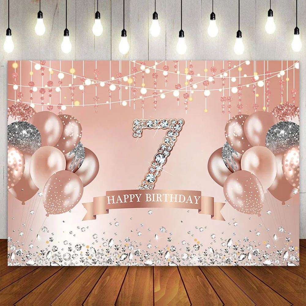 

Happy 7th Birthday Backdrop for Girls Seven Years Old Pink Rose Gold 7 Bday Party Decoration Cake Banner Photography Background