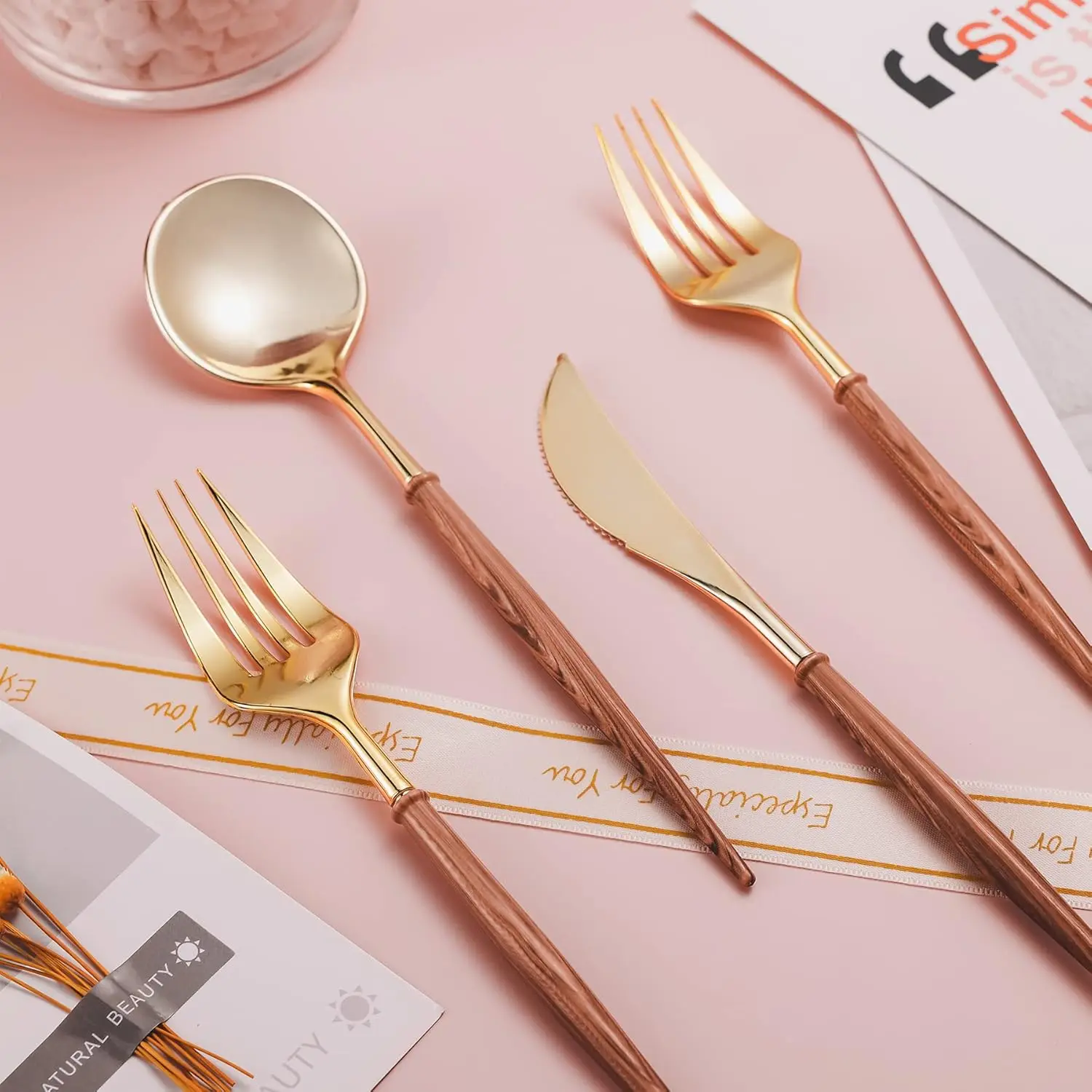 120PCS Gold Plastic Silverware, Gold Disposable Cutlery with Wood Grain Handle Include 40 Forks, 40 Spoons, 40 Knives, E