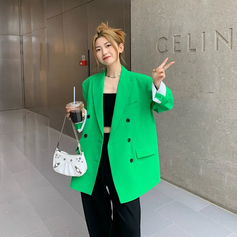 

High Quality Green Suit Jacket Women Double-breasted Notch Collar Fashion Split Hem Casual Spring New Korean Ladies Blazers Coat