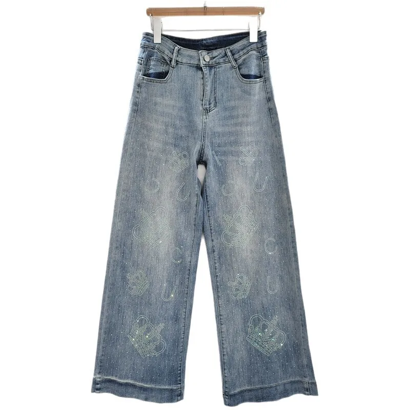 ANJY Herfst Nieuwe Vrouwen Trendy Jeans Zware Ambachtelijke Bezaaid Diamanten Rechte Afslanken High Street Elegante Denim Wijde Pijpen broek A9805