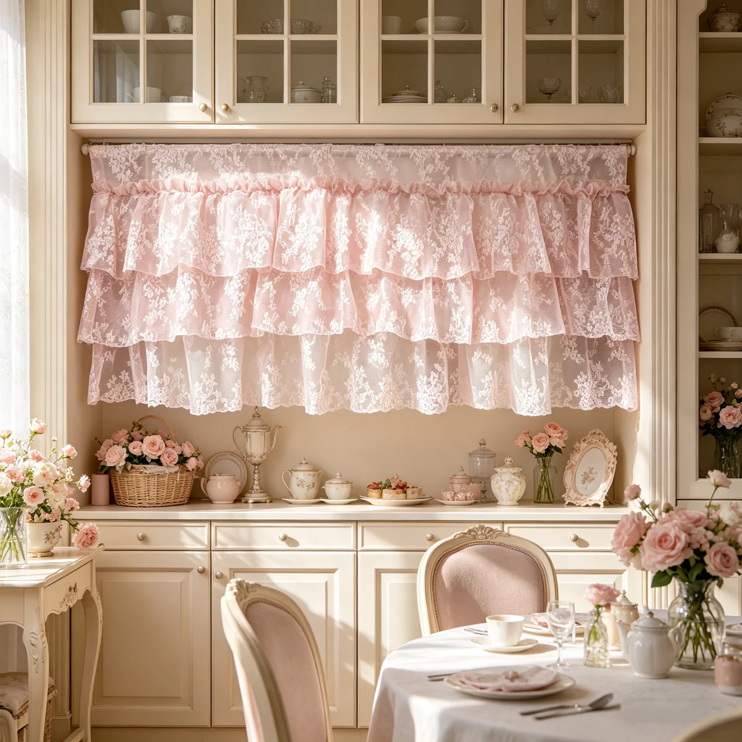 Pink Lace Tier Curtain, Ruffled Sheer Floral Curtain, French Kitchen Cabinet Curtain, Short Cafe Curtain for Window, Home Decor