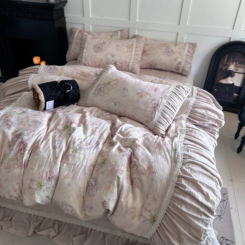 Flowers Prints Pleated Ruffles Princess Bedding Set 100% Cotton Double Layer Yarn Duvet Cover Quilted Bedspread Pillowcases 4Pcs