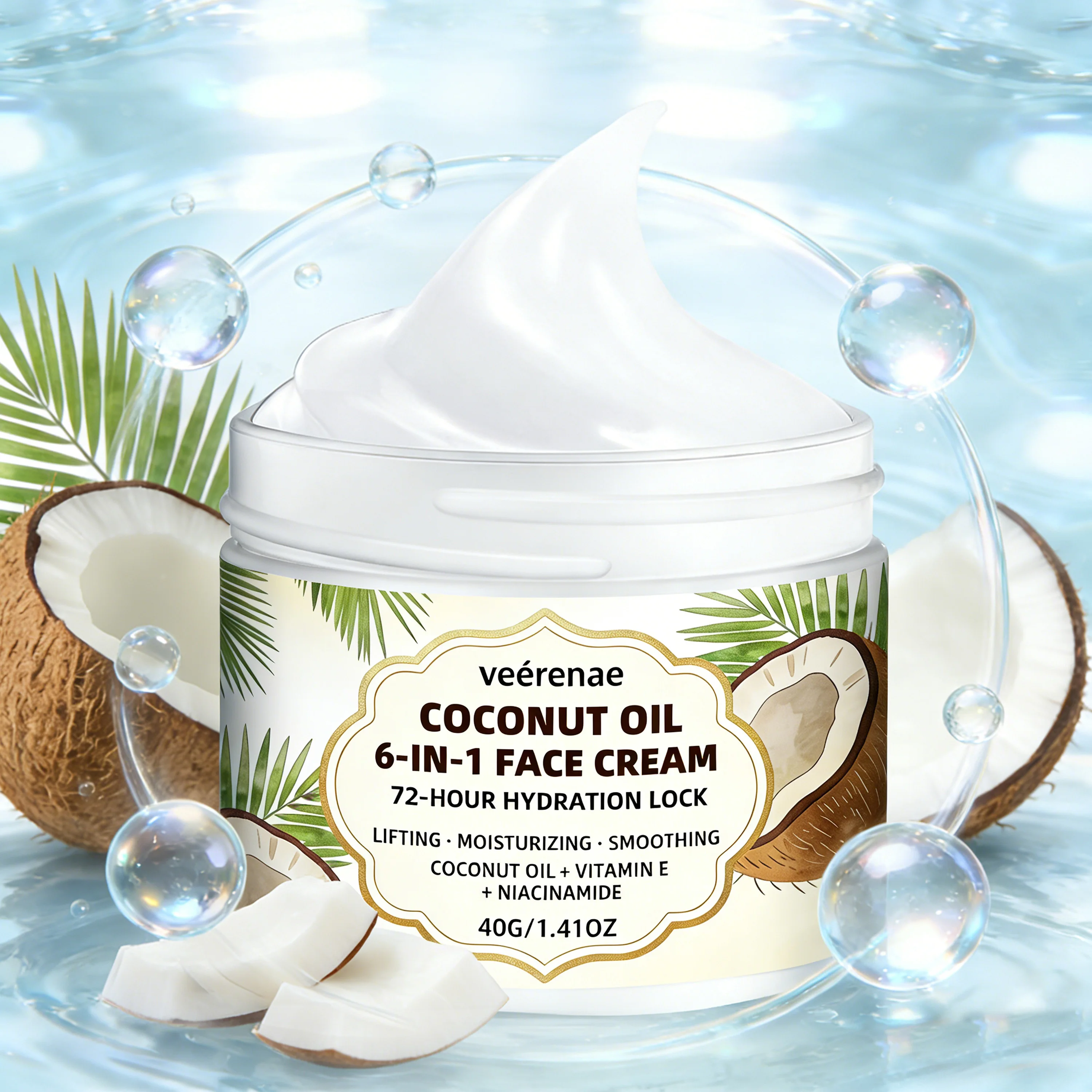 veérenae COCONUT OIL 6-IN-1 FACE CREAM, Deeply Hydrates, For All Skin Types and Ages, Daily Morning and Night Skincare Routines