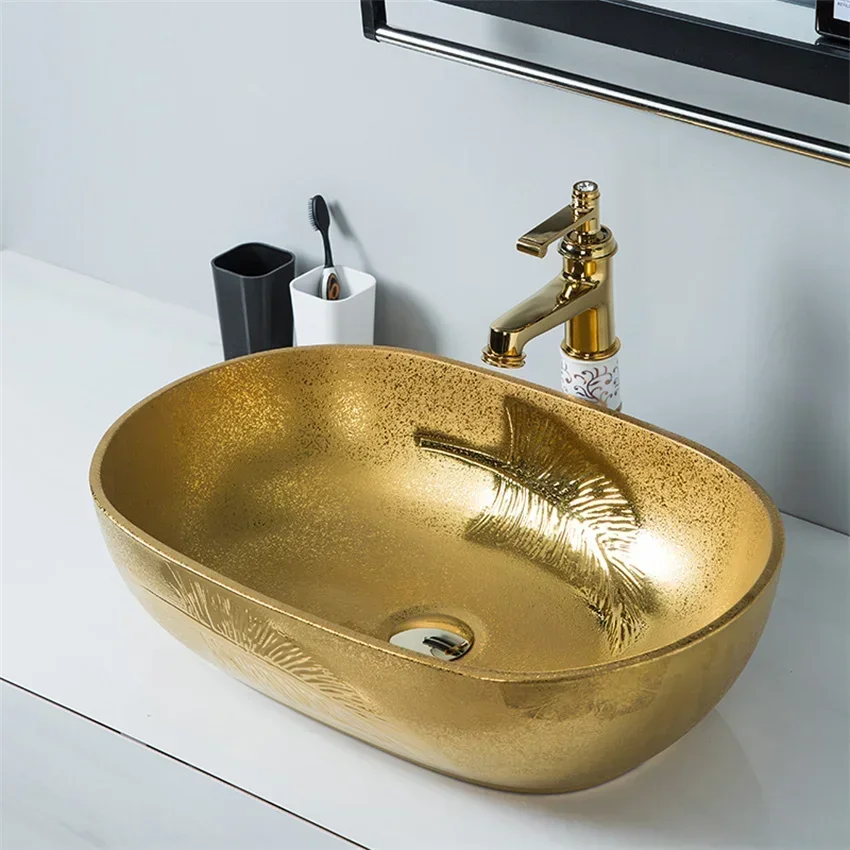 European Style Luxury Wash Basin Gold Tabletop Basin Hotel Bathroom Toilet Basin Wash Basin Oval Basin Art Above Counter Basin