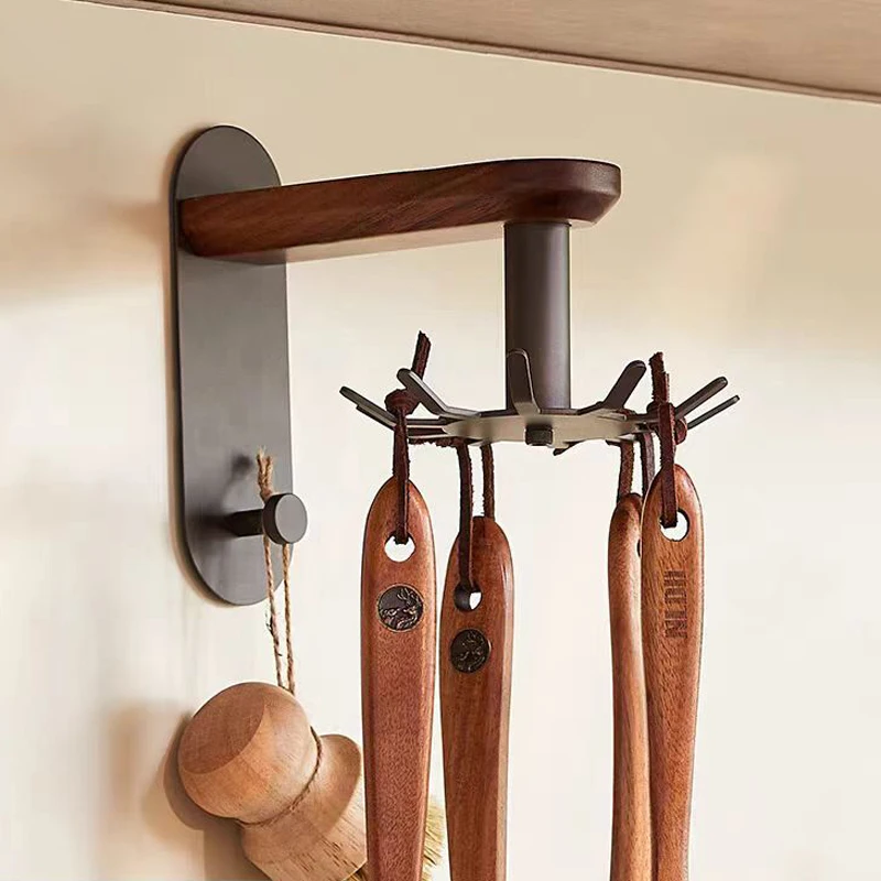 

Kitchen Multi-functional Hook Rotating Hanger Wall Punch-free Kitchenware Storage Rack Solid Wood Metal Holder Organizer