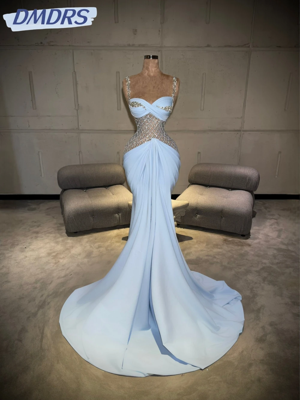 

Light Blue Crystal Mermaid Long Evening Dress Romantic Sweetheart Neck Wedding Party Gown Customized Thin Straps Prom Dresses