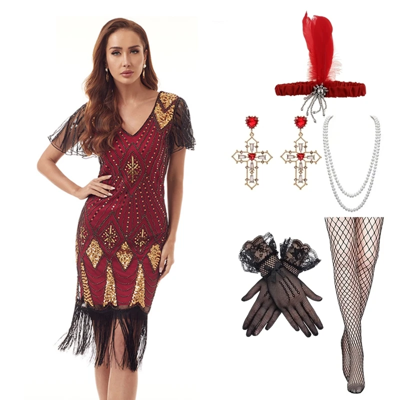 Gonna lunga da donna 1920s New Vintage Party Flapper abito da ballo Robe Charleston senza maniche paillettes nappa abbigliamento stile retrò