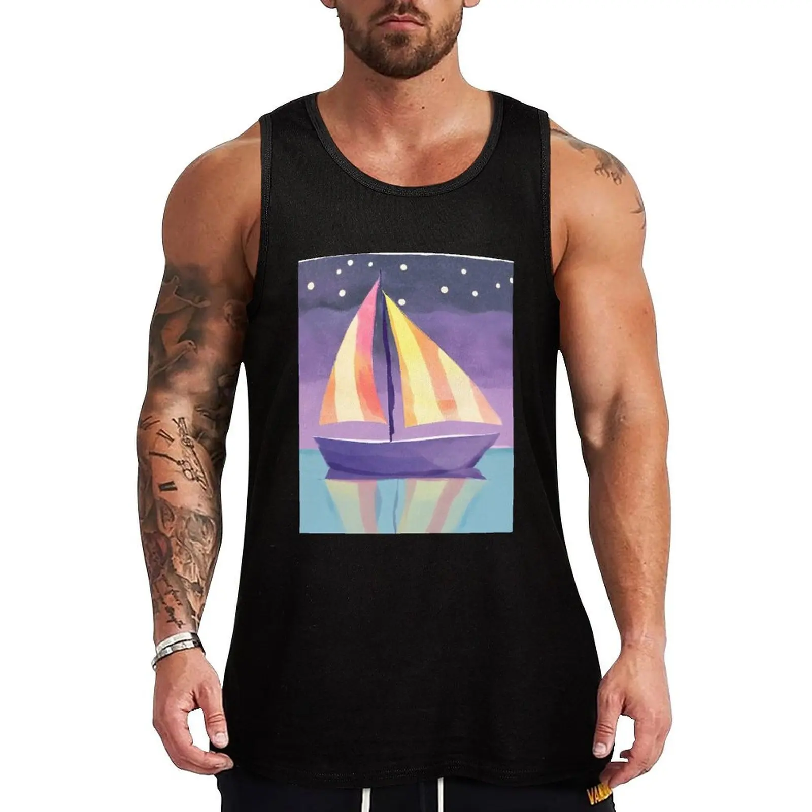 Camiseta sin mangas con estampado de velero a rayas en el mar abierto bajo las estrellas, camiseta sin mangas para entrenamiento en el gimnasio, camiseta deportiva sin mangas de secado rápido