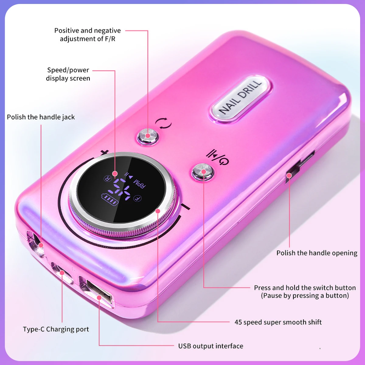 Trapano per unghie 45000RPM con Display LCD HD levigatrice per unghie ricaricabile per fresatrice portatile per trapano per unghie Manicure