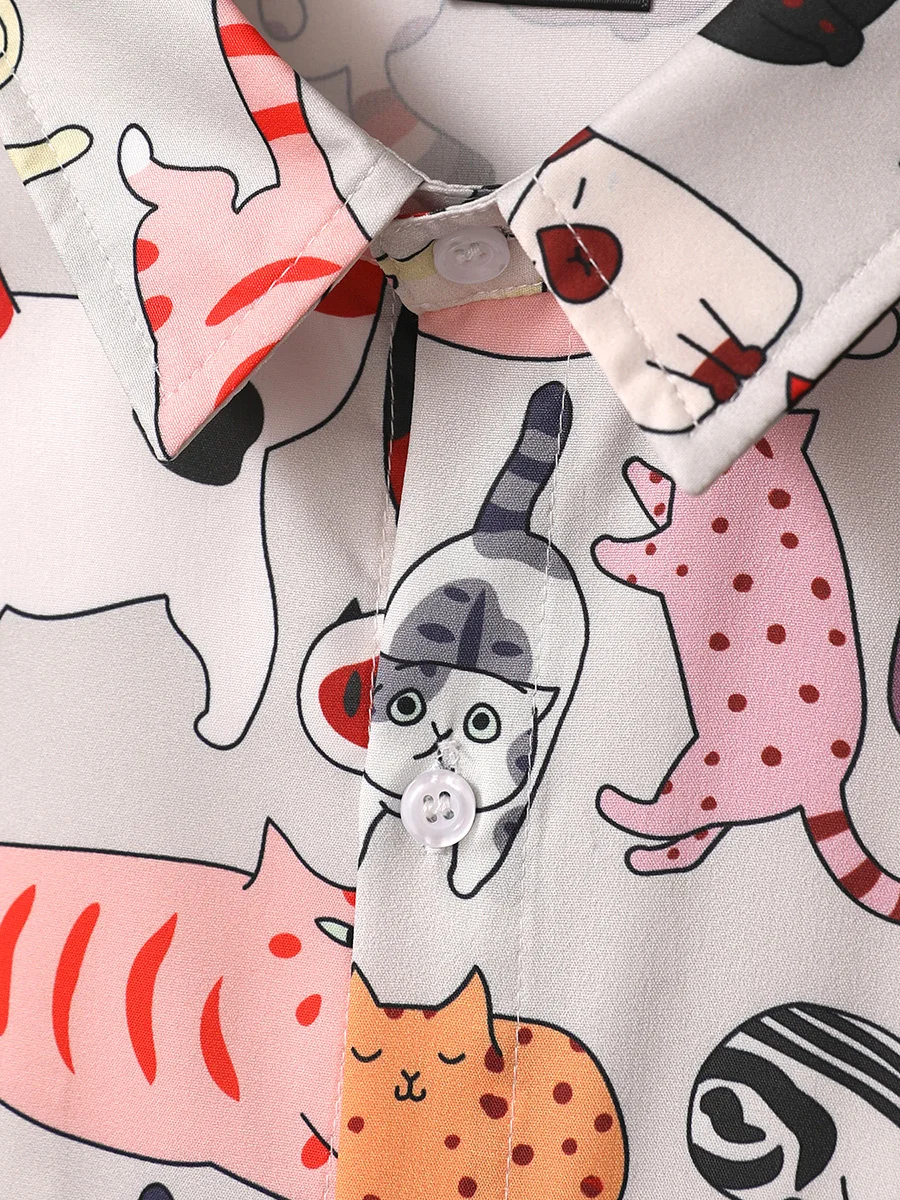Oversized Loose Short Sleeve Shirt Men Print Cartoon Cat Retro Hiphop Casual Shirts for Summer Beach Hawaiian Clothing