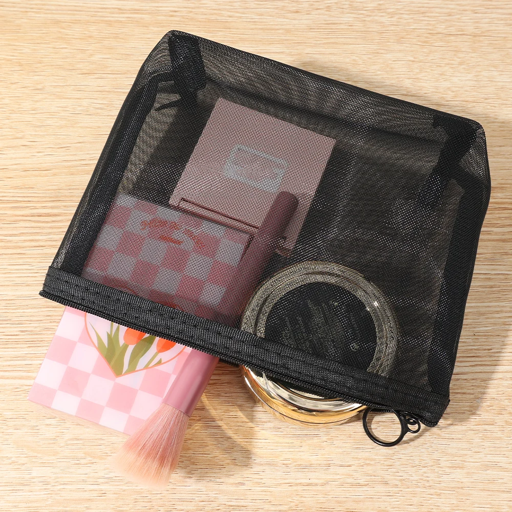 Black Clear Mesh Makeup Bag Cosmetic Storage Pouch Multifunction Transparent Nylon Bags Portable Travel Toiletry Organizer Bags