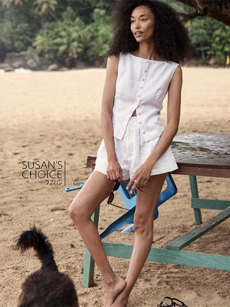 Susan High Waist Linen orts Women's Casual Straight Leg Pants Summer 2025 Commute Sle Simple Ele Slimming White