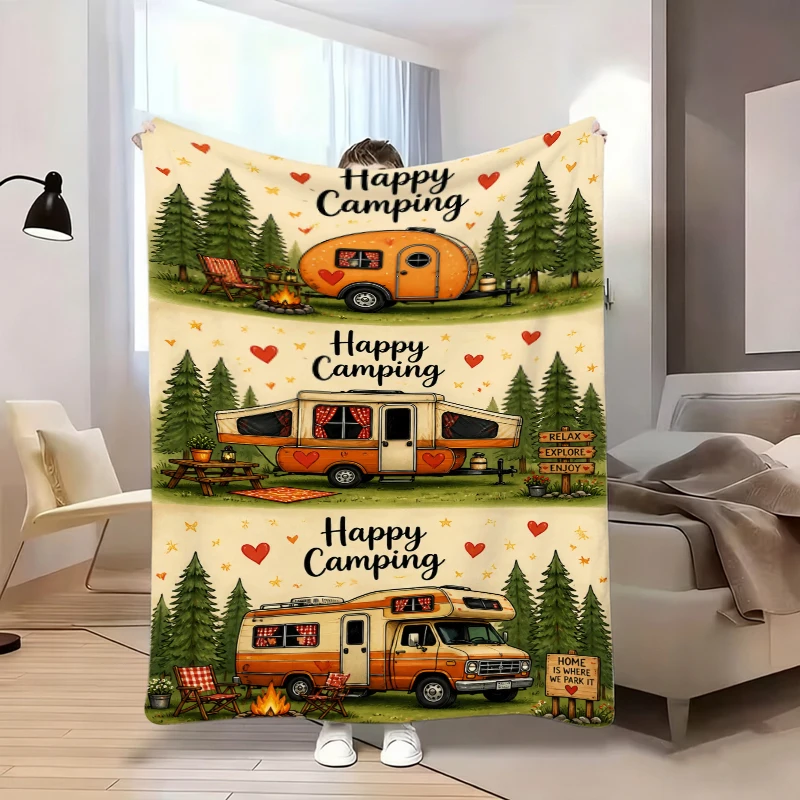 Beige Background Camper Van Pine Tree Happy Camping Fleece Blanket For Rustic Bedroom Decor Soft Warm Throw Blanket Wrap