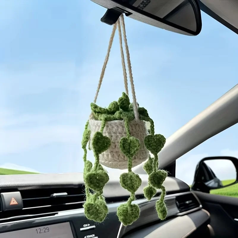 NEW Cute Potted Plants Crochet Car Basket,Hanging Plant Crochet for Car Decor,Car Ornament Rear View Mirror Hanging Accessories