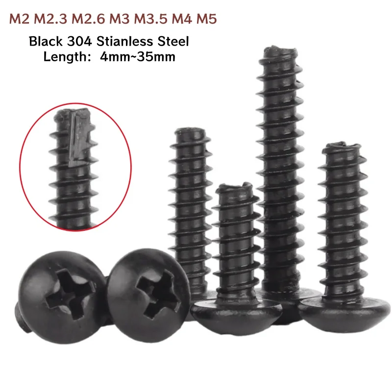 M2 M2.3 M2.6 M3 M3.5 M4 M5 PT Pan Round Head Self Tapping Wood Screw Tail-Cut Phillips Cross Recessed Black 304 Stianless Steel