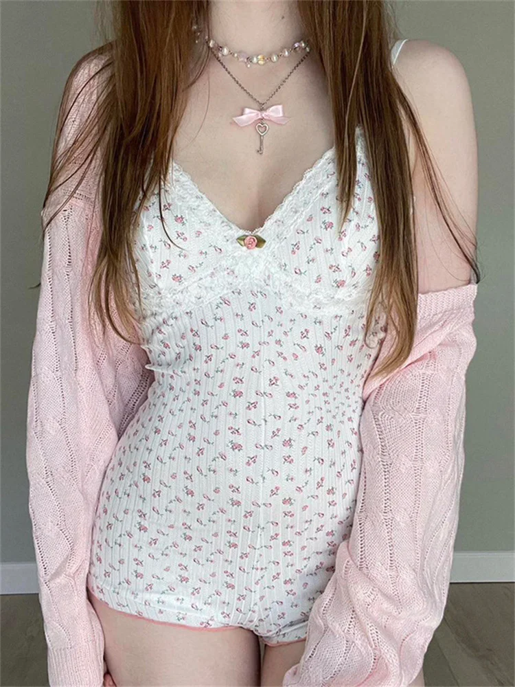 

Floral Bodysuit Women Kawaii Lace Jumpsuit Female Aesthetic Sexy Spaghetti Strap Women Overalls Cute Y2K Tops Ropa Mujer