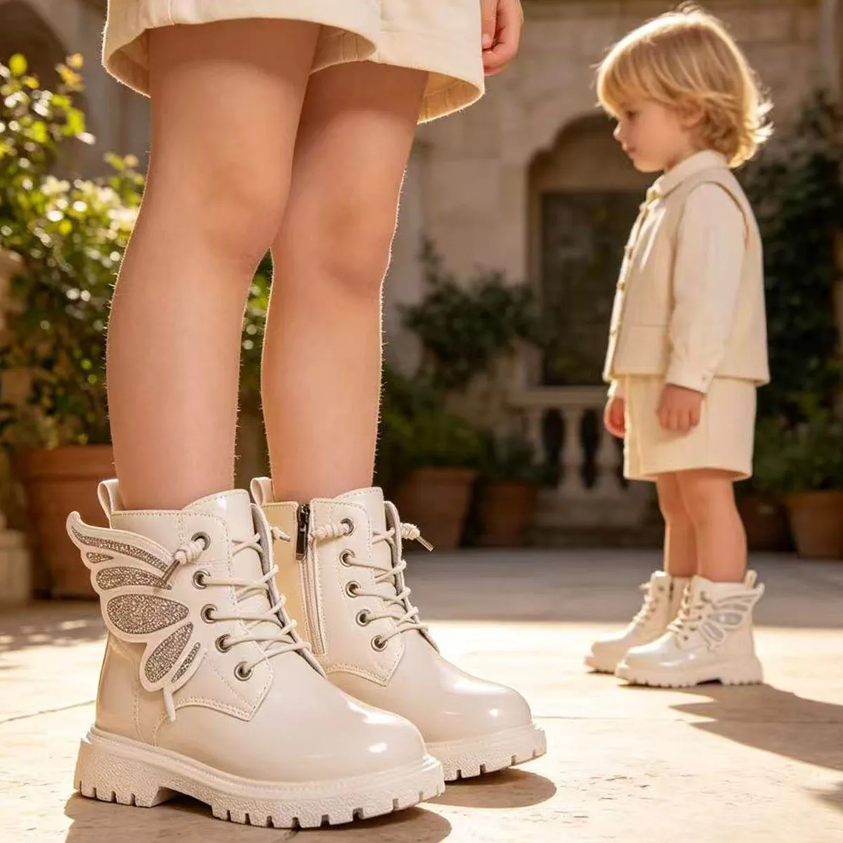 Gilrs Ankle Boots Butterfly Wings Design Shoes 2026 Autumn Kid Children Patent Leather Lace Zip Boot Black Beige 26-36 2-10 year