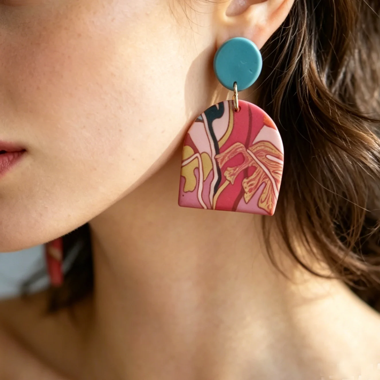 Art Floral Vintage Abstract Pattern Handmade Polymer Clay Earrings Set for Women Big Size Long Dangle Multi Shapes Warm Colors