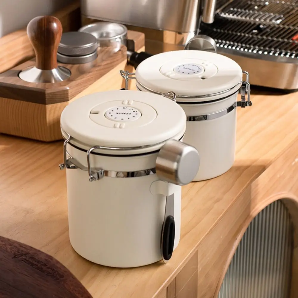 Stainless Steel Airtight Coffee Canister Date Tracker CO2 Releasing Valves Coffee Storage Jar Measuring Scoop Smell Proof