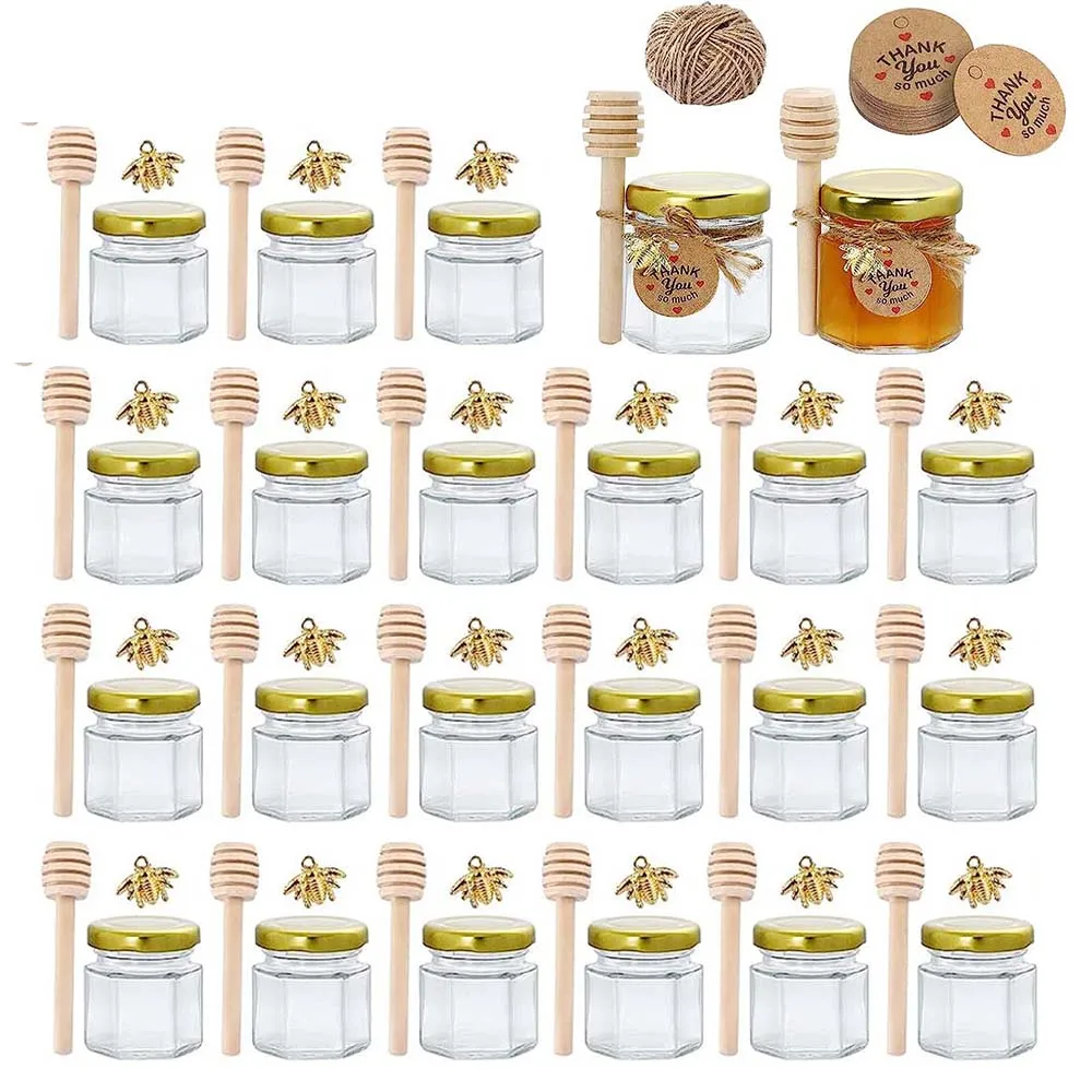 Hexagon Mini Glass Jar with Wood Dipper,Gold Lid,Bee Pendant,Jute Rope, Small Containers, Bottles for Jam Candies, Honey Bab,1.