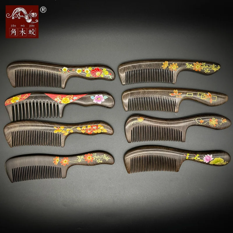 Carpenters' comb made of precious wood, hand-painted lacquer art comb, large lacquer comb, painted floral lacquer comb, solid wo