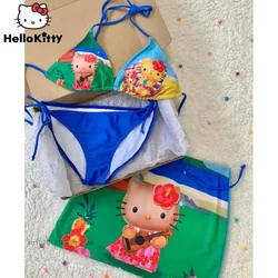 Sanrio Hawaiian czarna skórka Hello Kitty 3 szt. Zestaw bikini Y2k strój kąpielowy dla kobiet kreskówka stroje kąpielowe na plażę