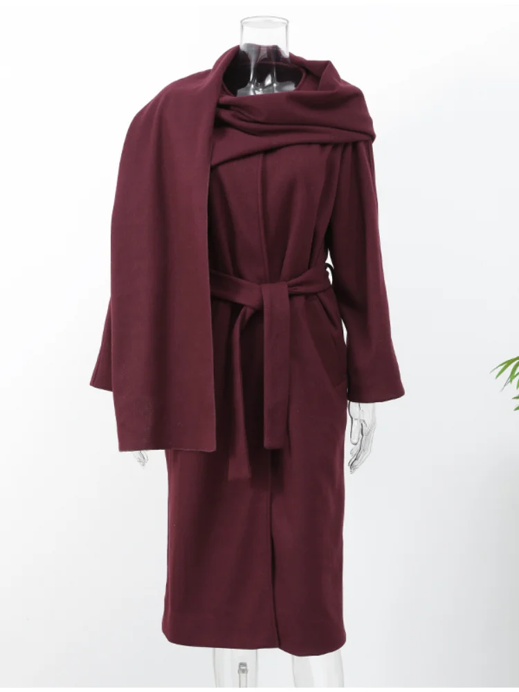 Elegant Burgundy Long Sleeve Scarf Woolen Overcoat Causal Loose With Belt Long Coats 2024 New Lady High Street Outwear