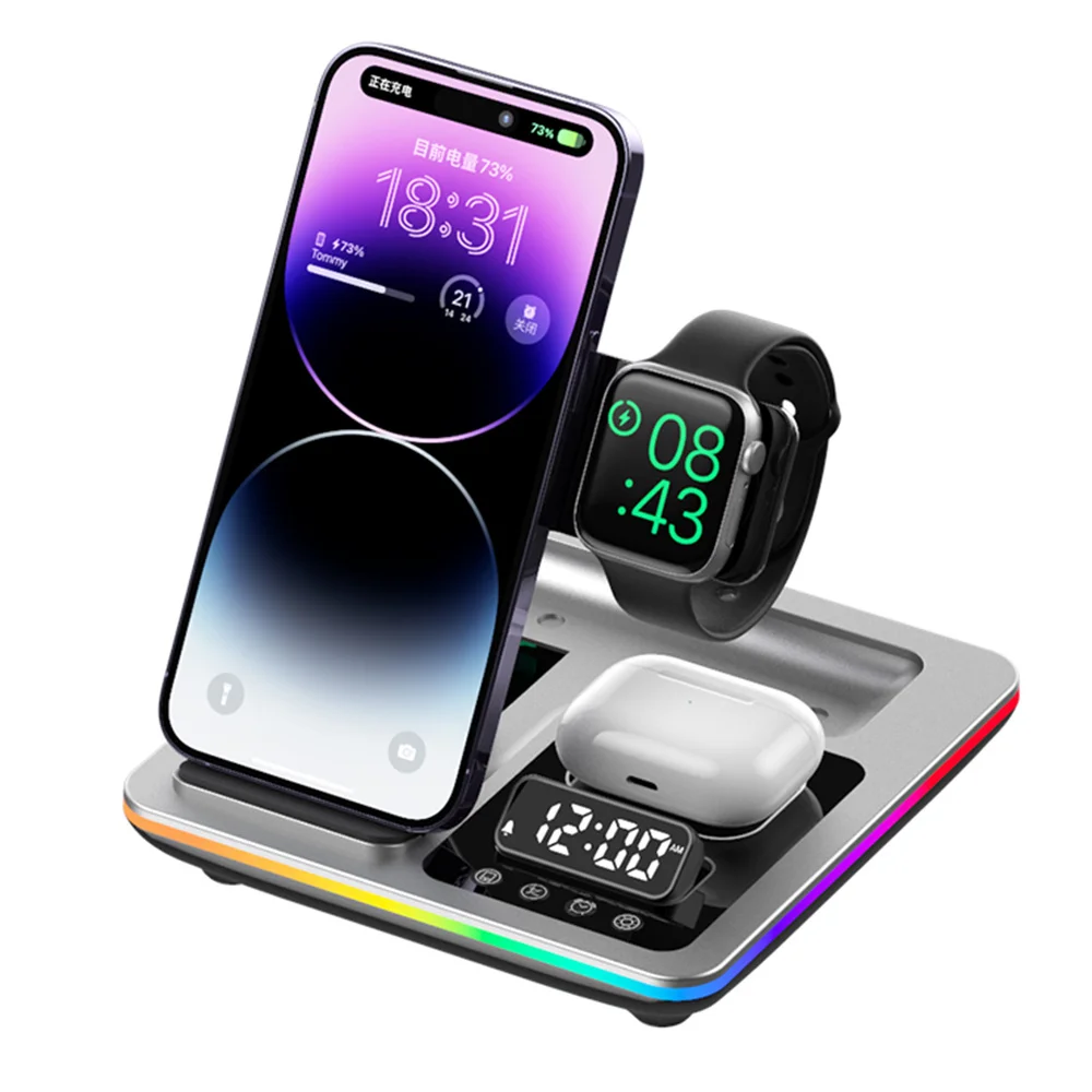 3 in 1 Foldable Wireless Charger Alarm Clock Lifting Design Charging Pad RGB Night Light