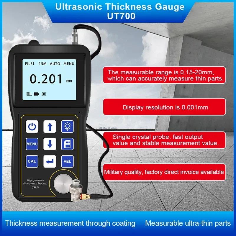 UT700 Ultrasonic Thickness Gauge Ultrathin workpiece Digital Ultrasonic Thickness Meter with High Frequency Single Crystal Probe