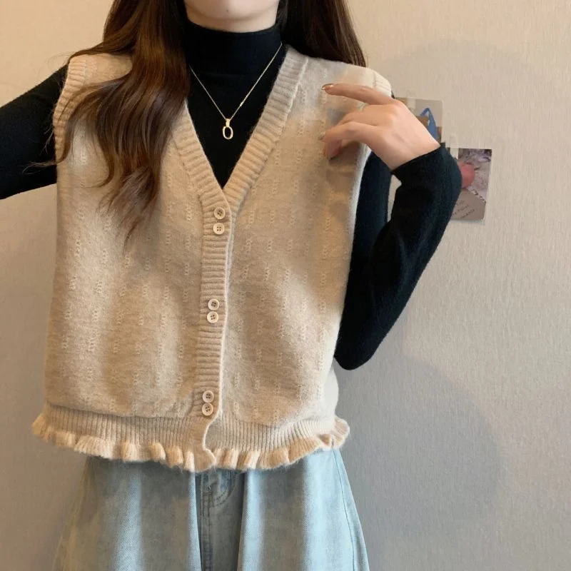 Spring Autumn New Womens Sweater Vest Knitted Cardigan Ruffled Short Fashion Versatile Outerwear Sleeveless Top