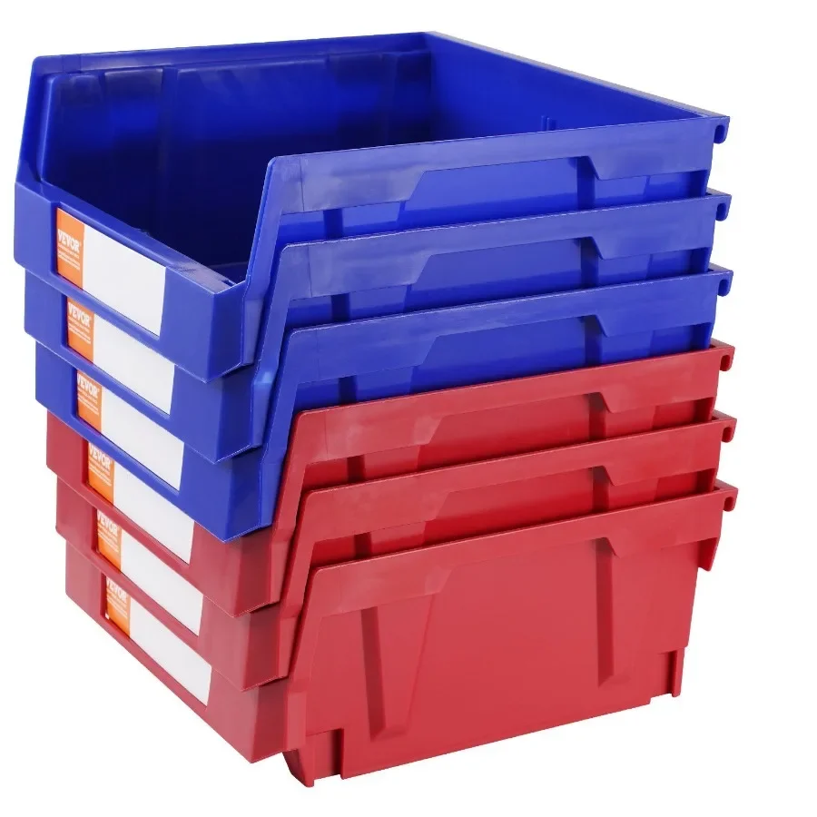 VEVOR contenedor de almacenamiento de plástico de 11 pulgadas x 11 pulgadas x 5 pulgadas, contenedor organizador de almacenamiento apilable colgante, azul, rojo, paquete de 6 Co de apilamiento resistente
