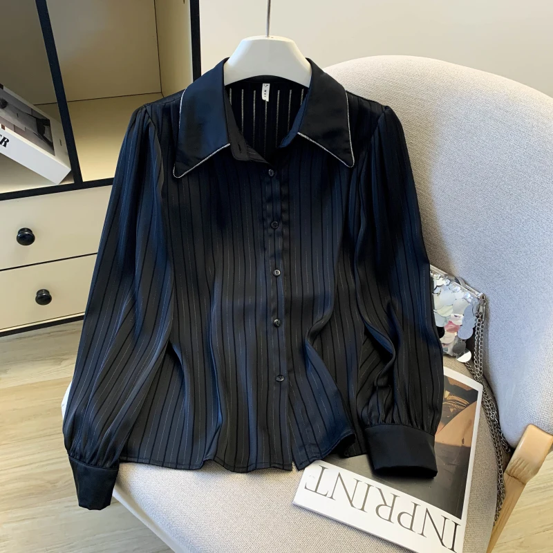 

RAIN YAN LIN Новая модная полосатая офисная рубашка для женщин, весенний кардиган с воротником-поло, длинным рукавом, на одной пуговице, универсальный топ