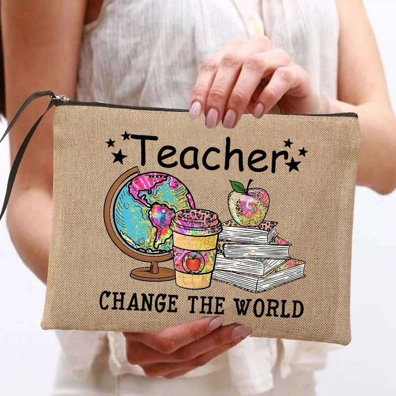 

Teacher Change The World Print Women Neceser Makeup Bags Linen Cosmetic Bag Zipper Pouch Travel Toiletry Organizer Teacher Gift