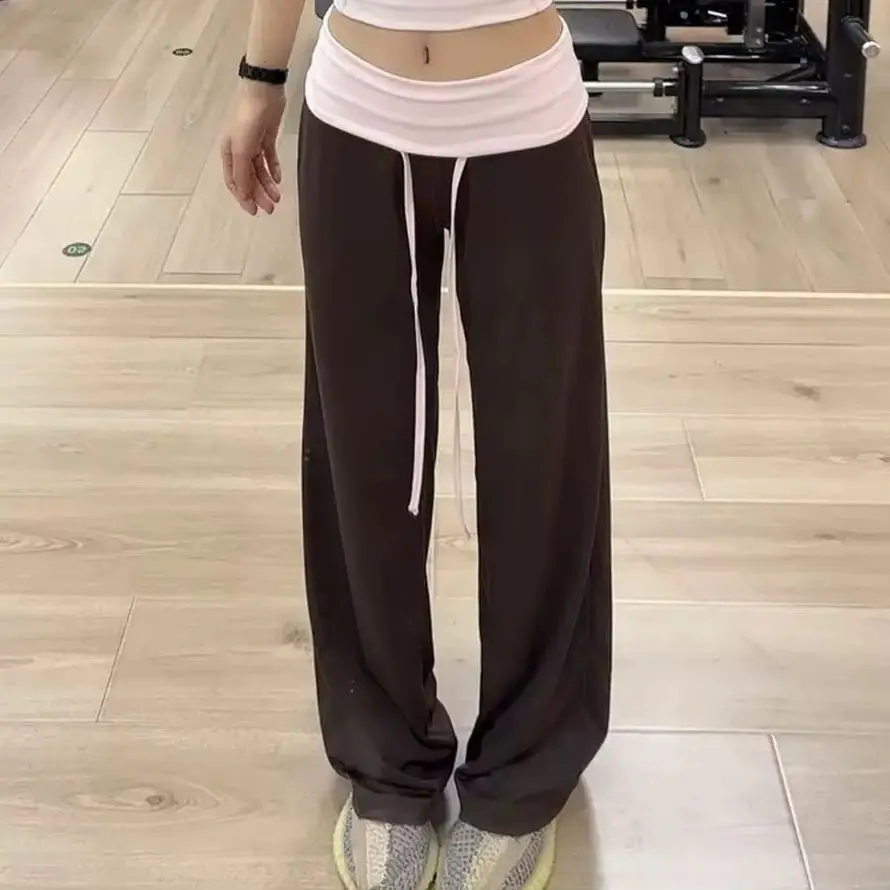Women Lazy Style Spliced Waistband Yoga Pants Casual Outdoor Sports Pilates Training Loose Straight Slim Fit Long Trousers