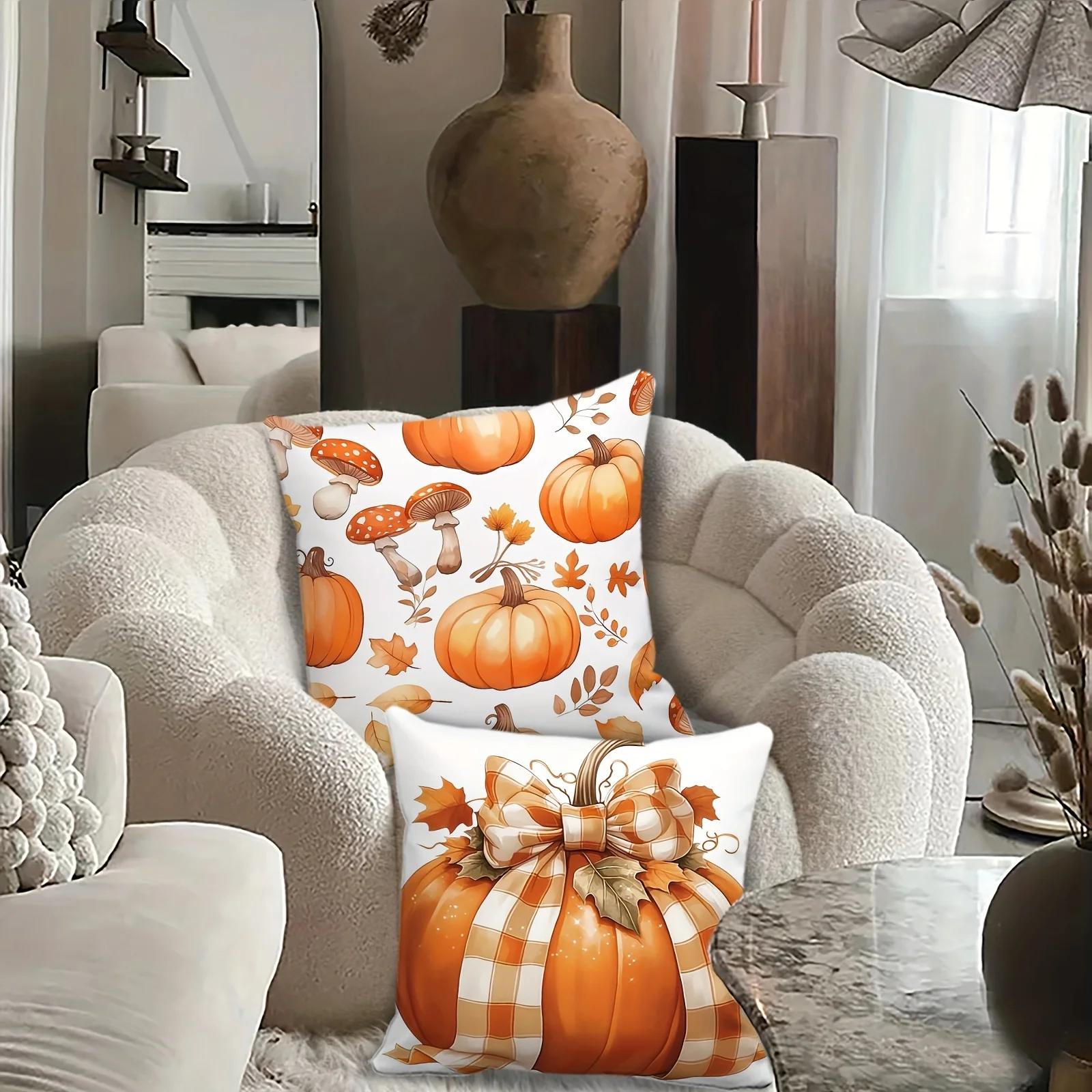 4PCS Digital Print Throw Pillows Orange Pumpkin Mushroom Plaid Bow Maple Leaf Autumn Farmhouse Sofa Decor Cushions