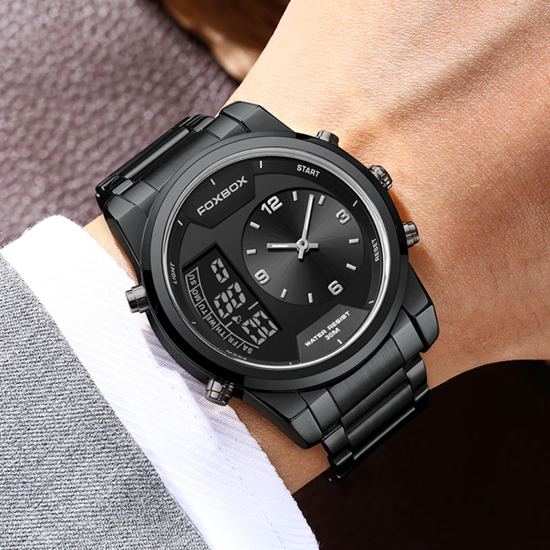 FOXBOX Fashionable Style Dual Time Display LCD Digital Analog Quartz Mens Watches Luminous Waterproof Resistant Man Wrist Watch