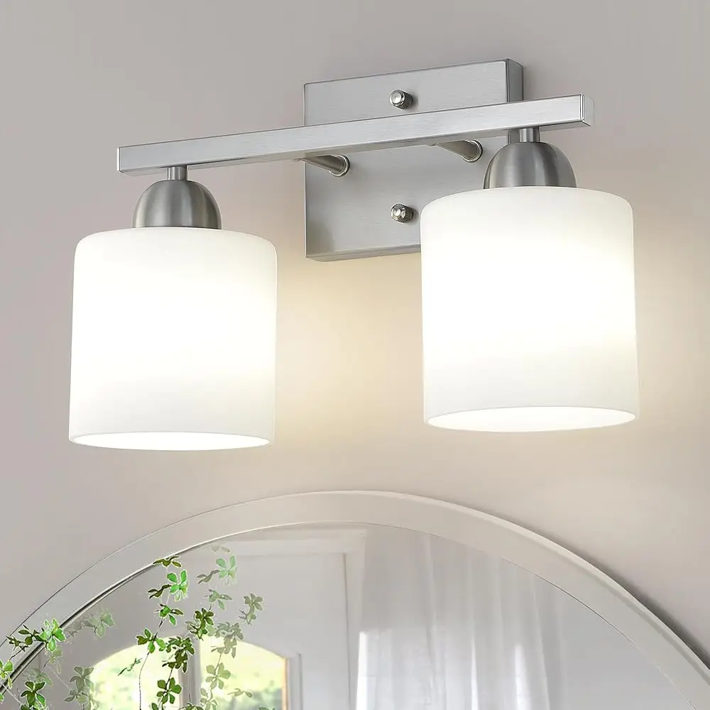 

Stainl Steel Milk Glass Bathroom Vanity Light Over Mirror, 2 Light Brushed Nickel Bathroom Light Fixtures With Frosted Glass,