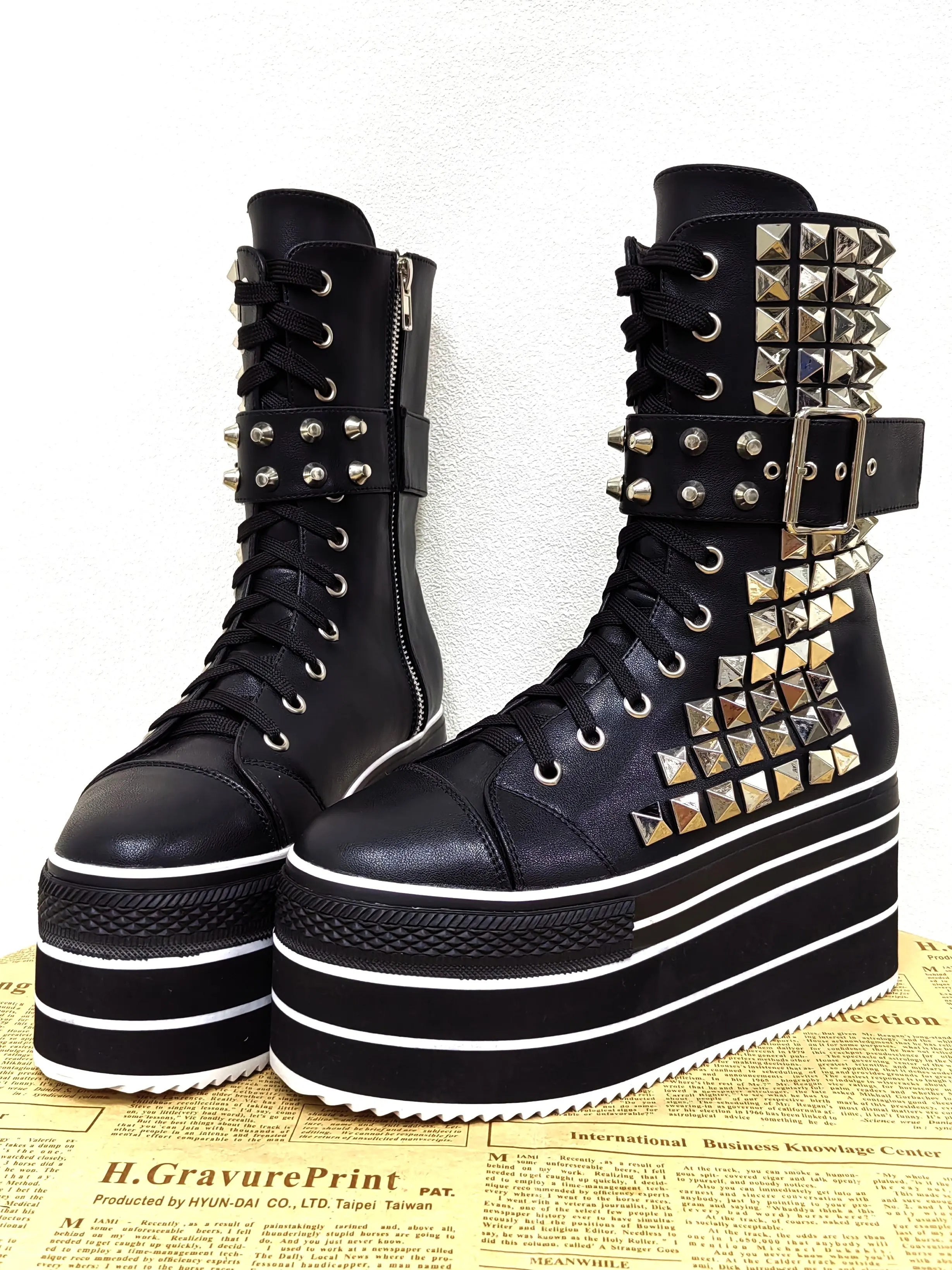 Women's Punk Style Black Platform Mid-calf Boots With Studded & Buckle Details Round Toe Lace-up Design Boots
